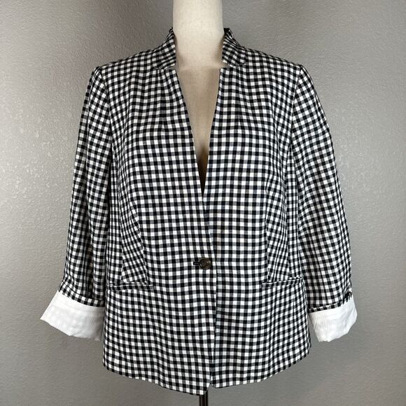 Talbots Womens One Button Blazer Size 16 Black White Gingham Plaid Linen Blend - Picture 1 of 10